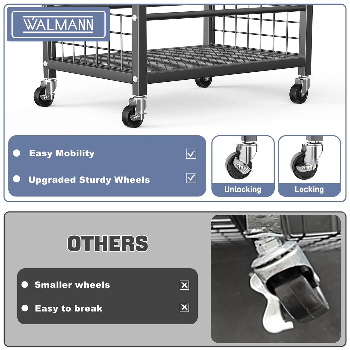 WALMANN heavy-duty steel frame with black coating withstands garage use.