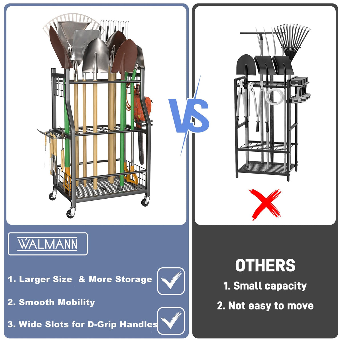 WALMANN long-handle tool slots keep rakes and mops organized and upright.