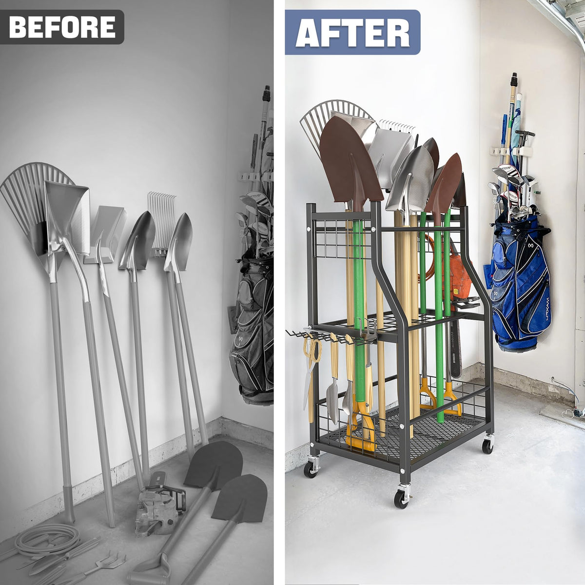 WALMANN movable yard tool stand supports outdoor gardening tasks.