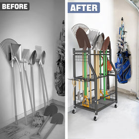 WALMANN movable yard tool stand supports outdoor gardening tasks.