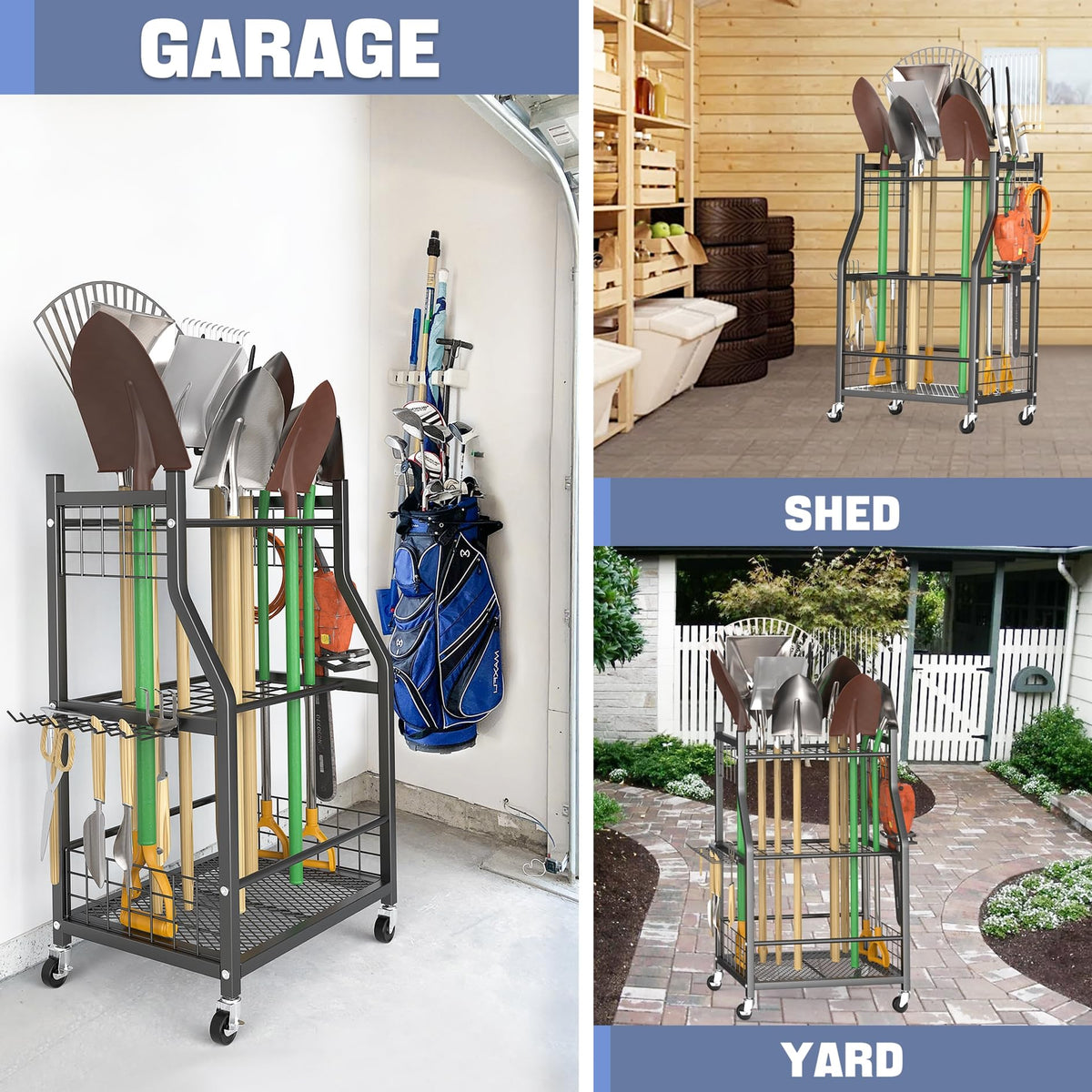 WALMANN tool organizer vertical slots neatly hold rakes and shovels for space-saving storage.