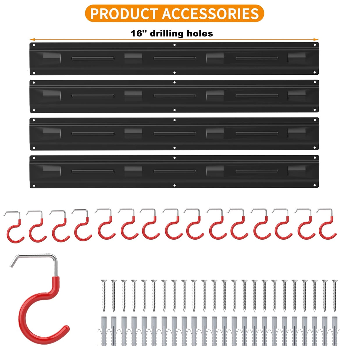 WALMANN yard tool storage rack neatly stores rakes and shovels on a wall.