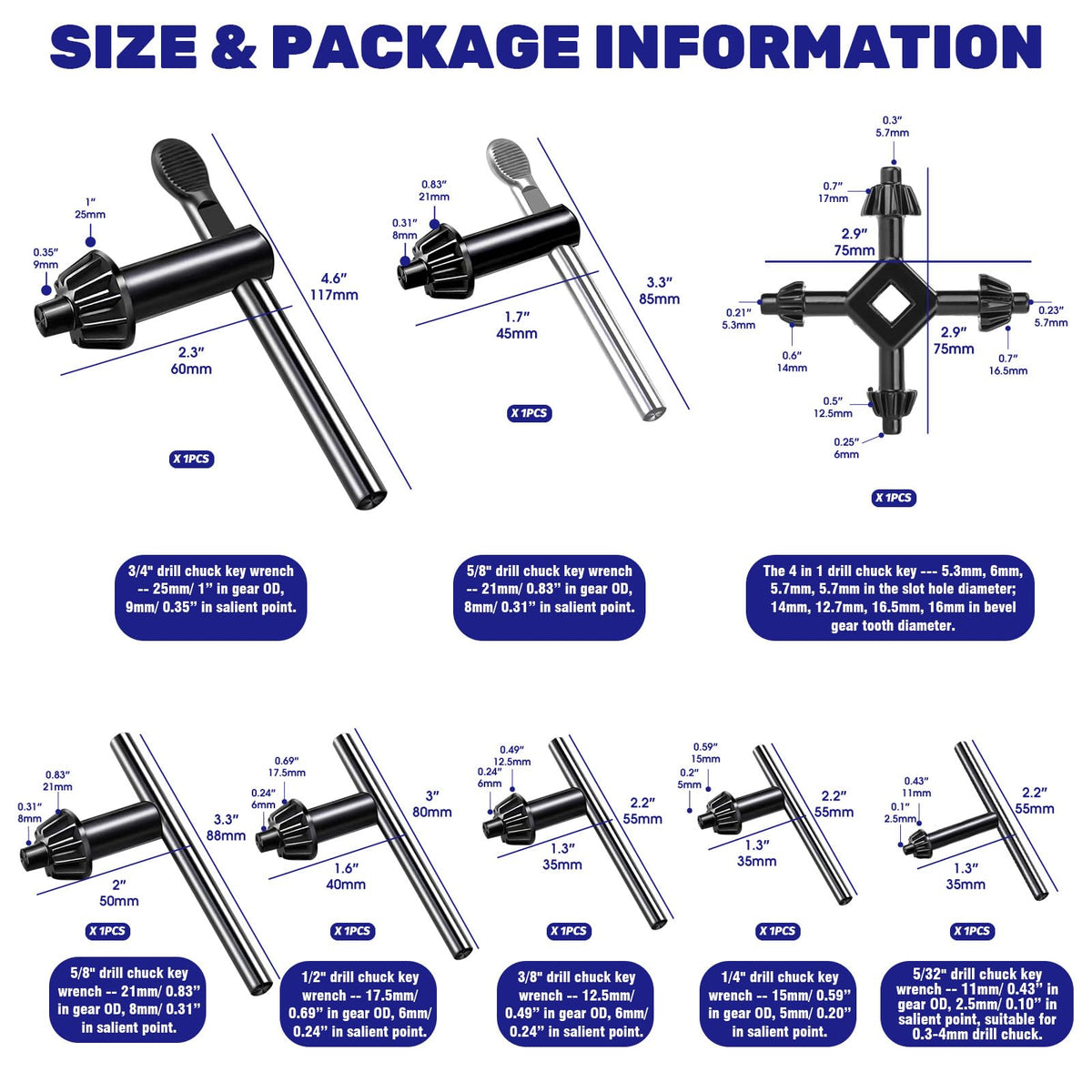 Waltool 4-way chuck key assembly provides versatile grip for secure tightening.