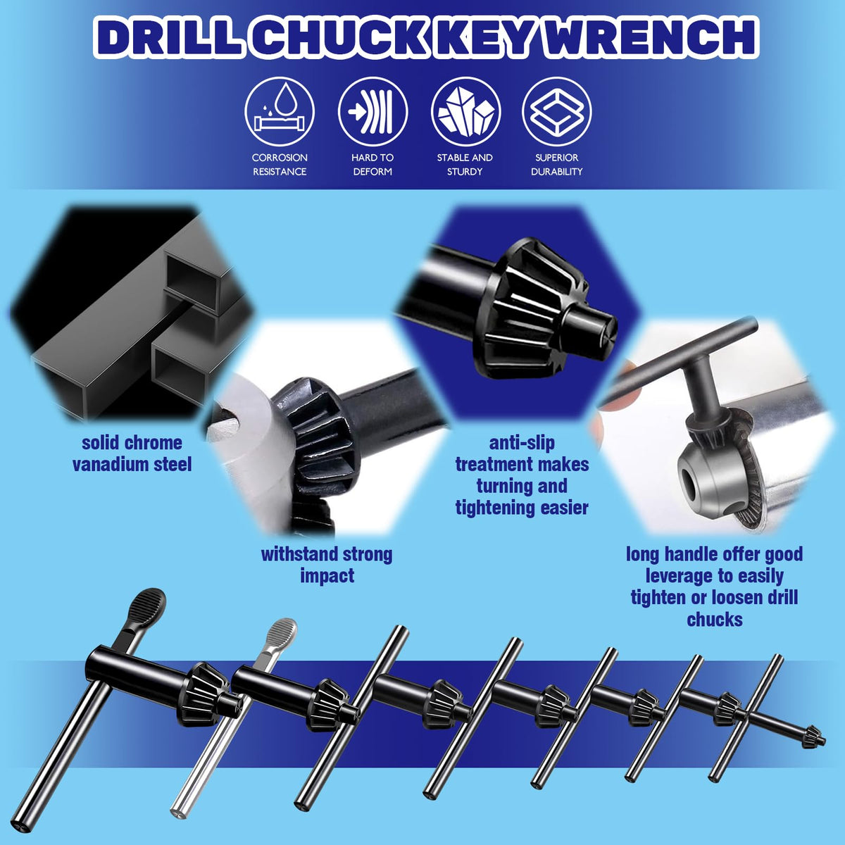 Waltool carbon steel chuck keys resist rust for lasting performance.
