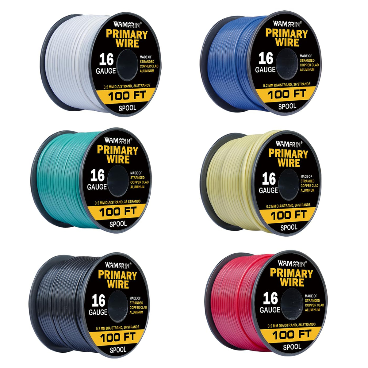 Wamarin 16 gauge wire combo in six colors for easy automotive color-coding.