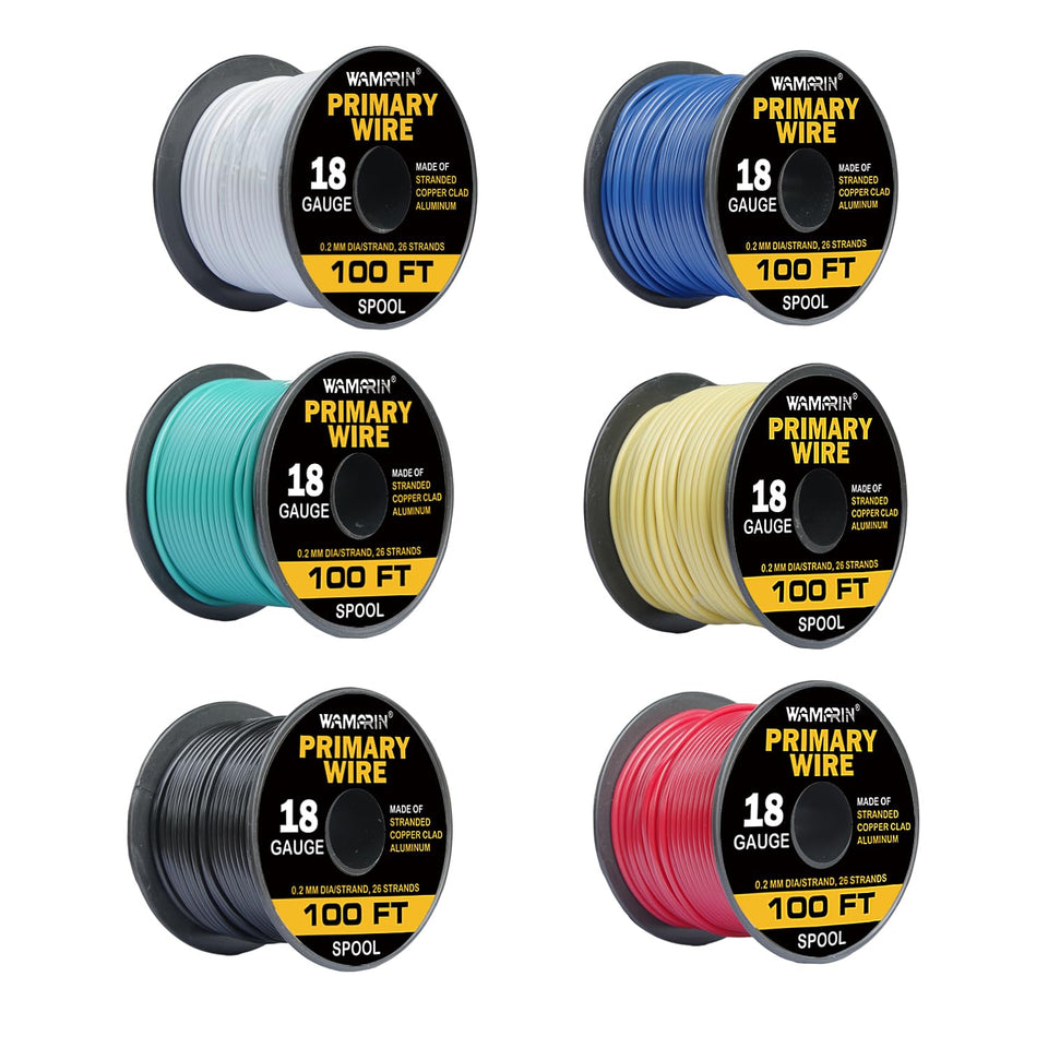 Wamarin 18-gauge wire combo with six color rolls for organized wiring.