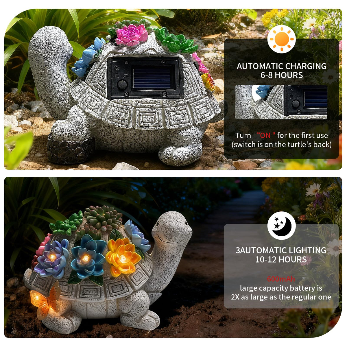 Wanderroot turtle statue lighting enhances patio ambiance after sunset.