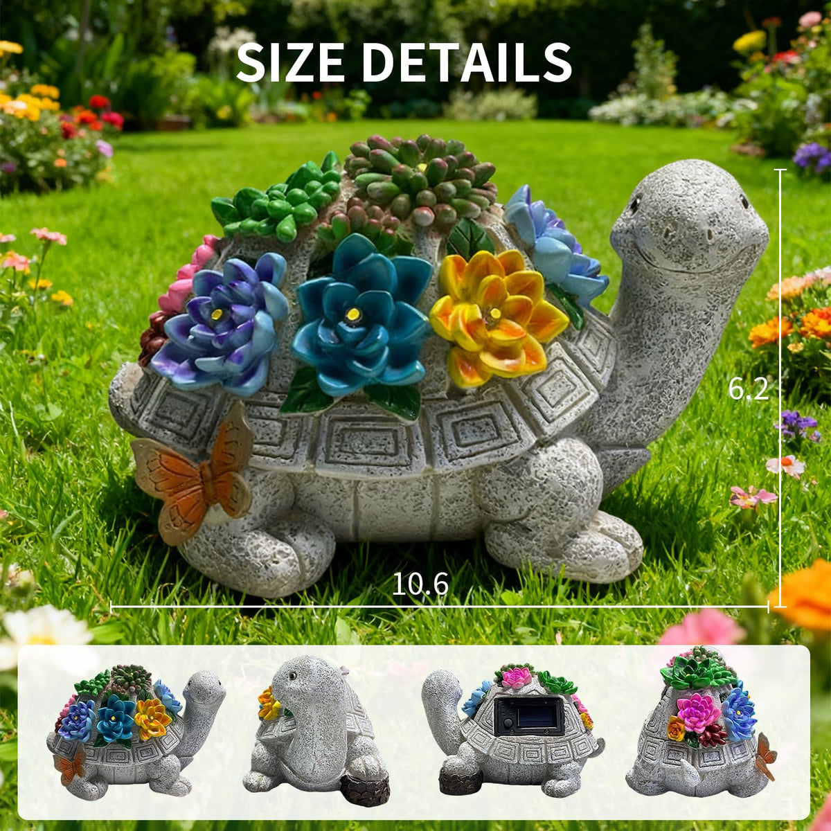 Wanderroot turtle with succulent and LED lights brightens the garden.