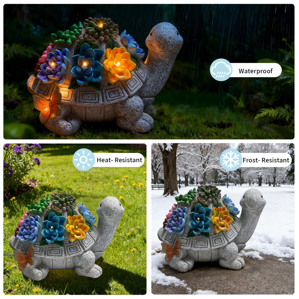 Wanderroot weatherproof IP44 turtle statue withstands rain and snow.