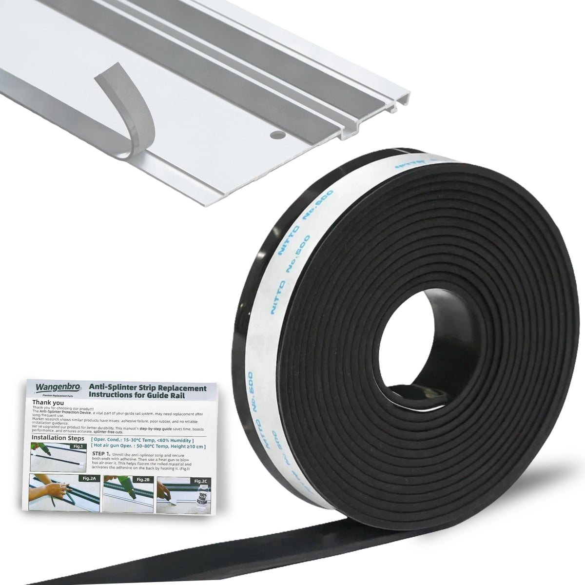 Wangenbro 118in splinter guard strip enabling seamless zero-splinter cuts on guide rails.