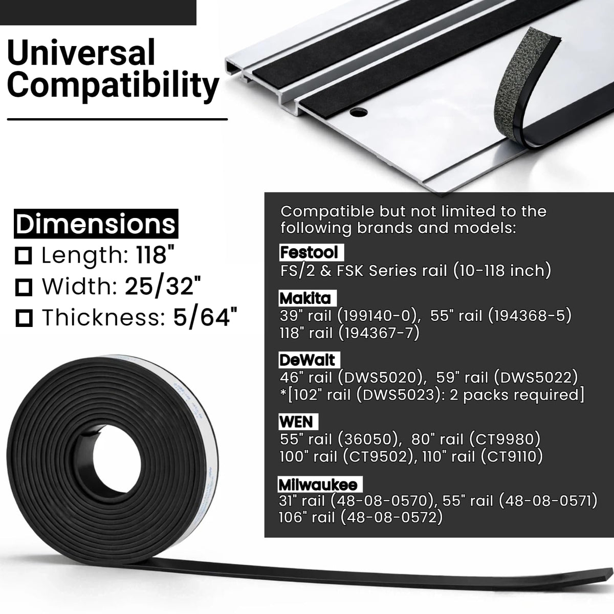 Wangenbro universal guide rail compatibility for Makita, Festool, DeWalt, Milwaukee saws.