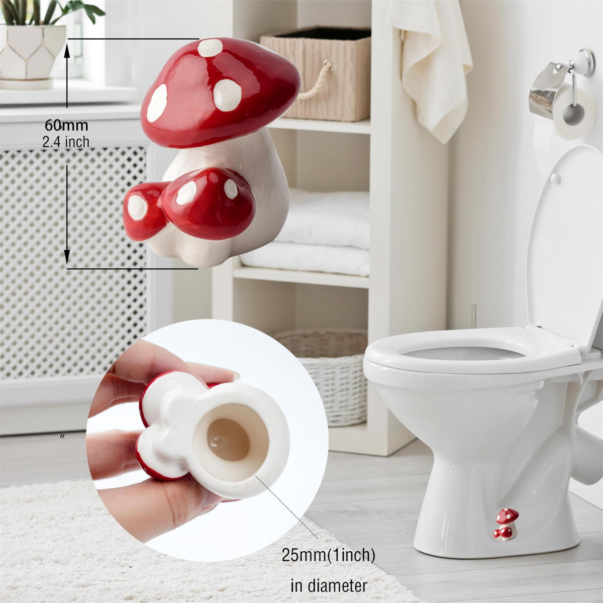 WANSHUNLMI ceramic mushroom toilet decor enhances bathroom theme while protecting mounting hardware.