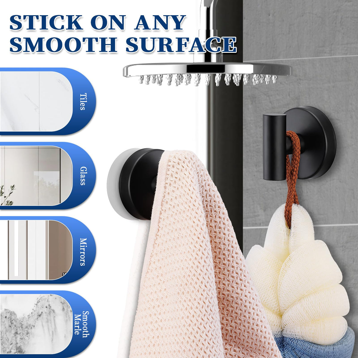 Warlve suction hook on glass shower door holding a loofah securely.
