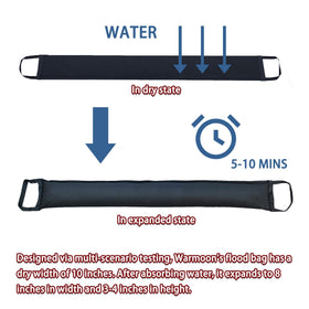 Warmoon flood bag demonstrates 10-inch dry width for versatile door protection.