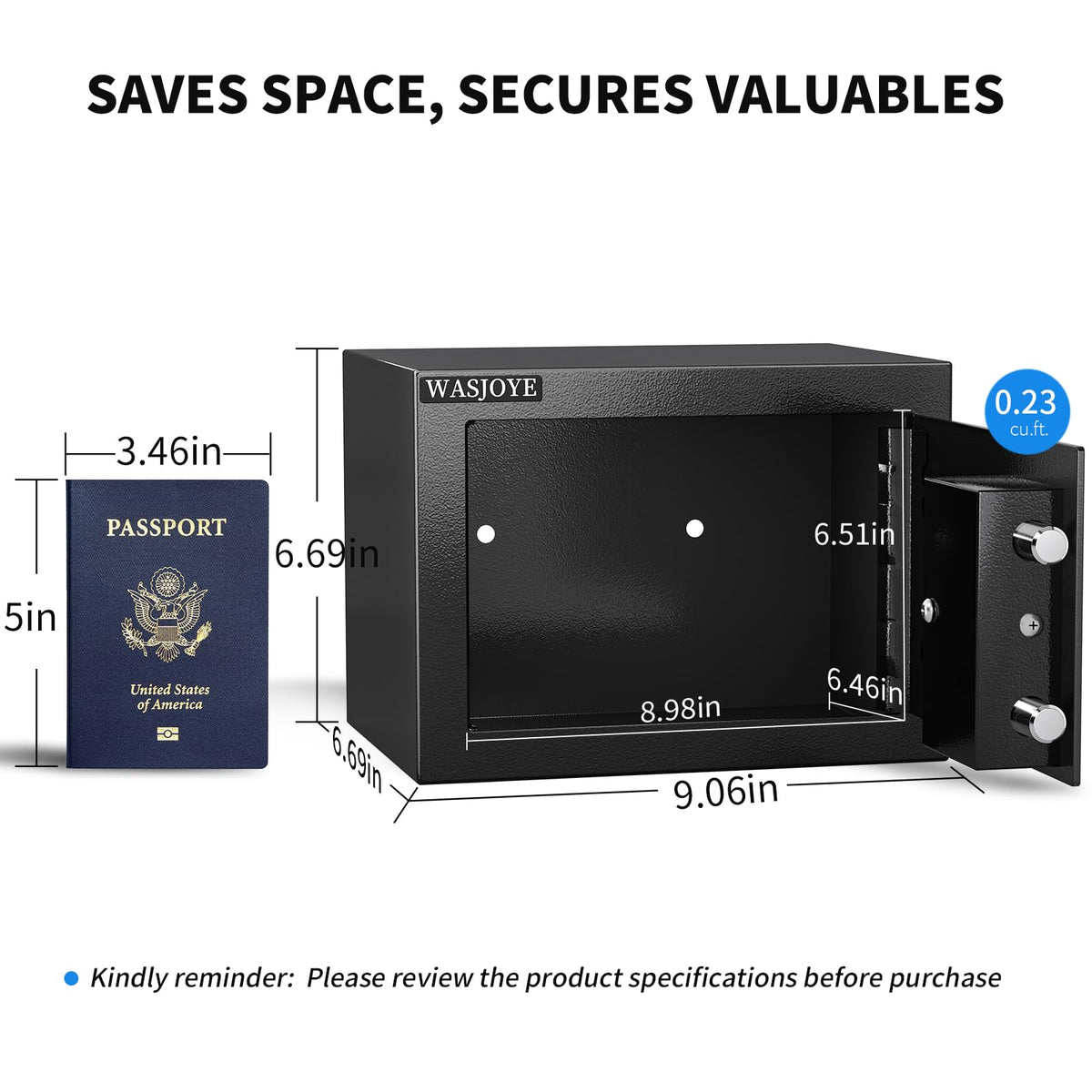 WASJOYE safe box dimensions showing compact capacity