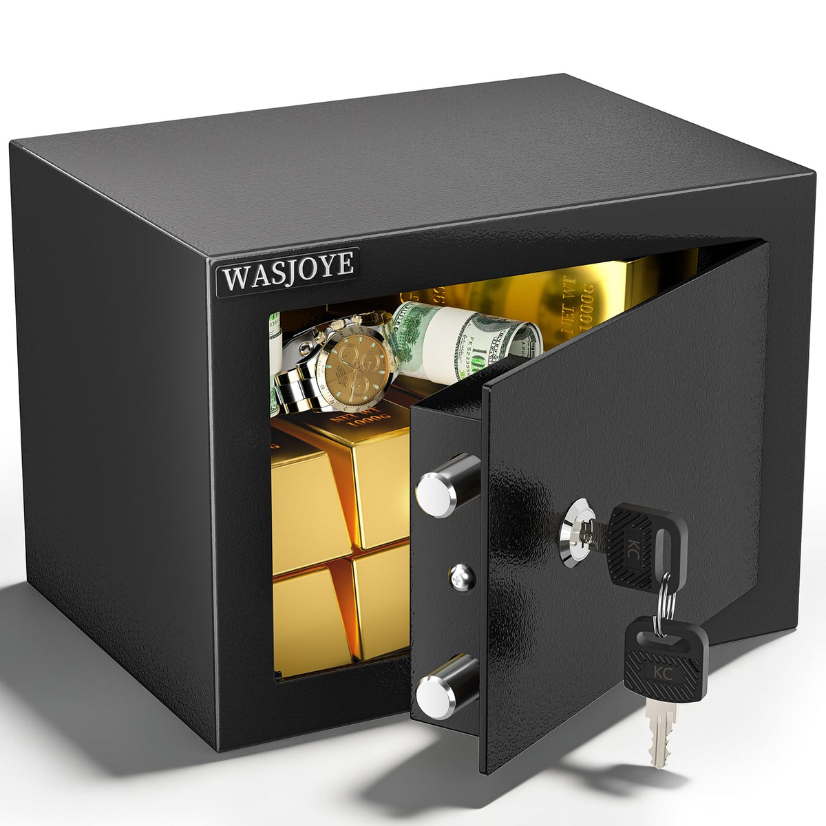 WASJOYE home small safe box front view with secure key lock