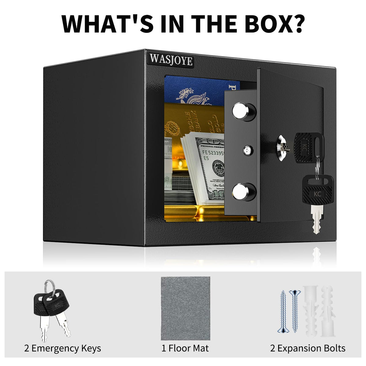 WASJOYE packaging includes safe box and accessories for setup