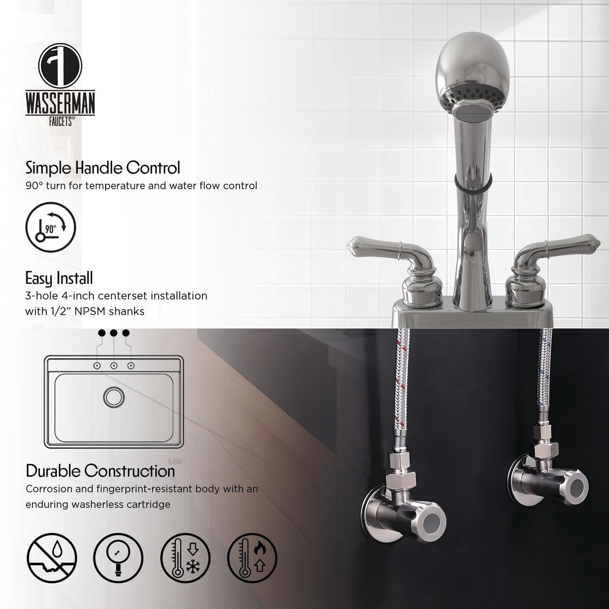 Wasserman WMF chrome pull-out head showing full swivel reach