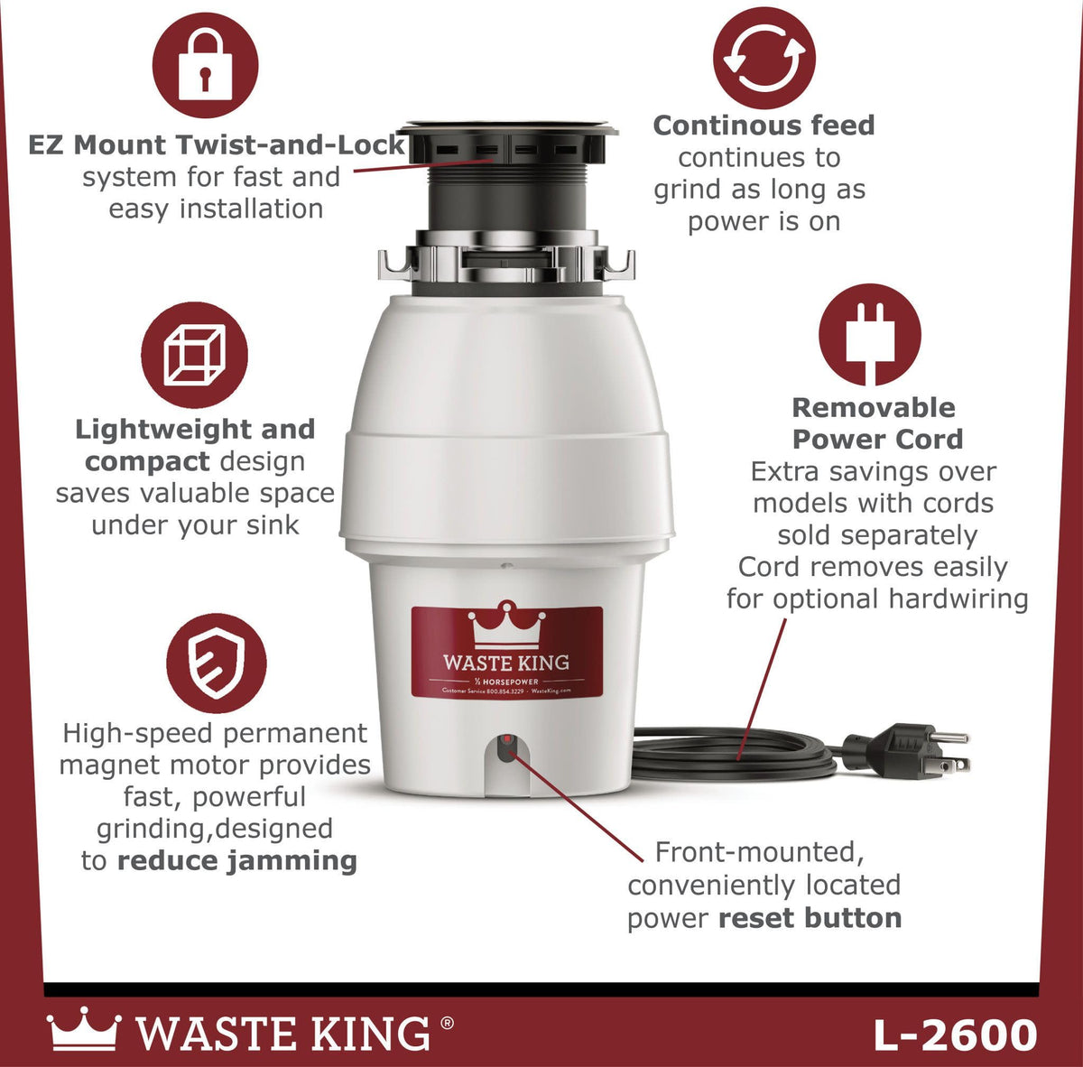 Waste King Legend 2600 removable splashguard keeps countertops clean.