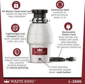 Waste King Legend 2600 removable splashguard keeps countertops clean.