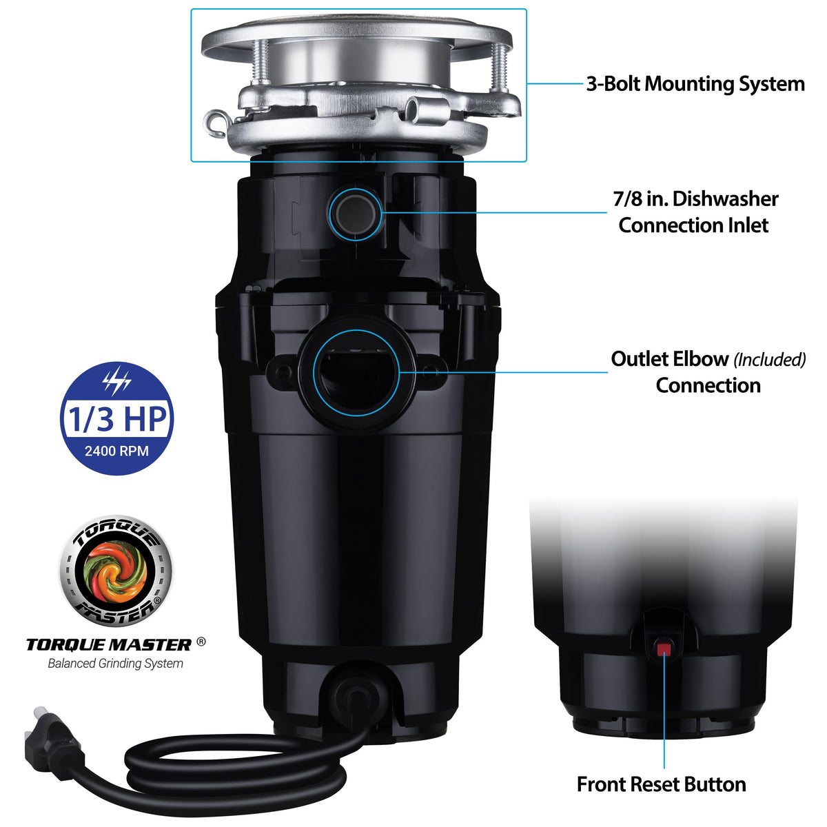 Waste Maid anti-jam torque-master system minimizes jams and vibration.