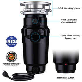 Waste Maid anti-jam torque-master system minimizes jams and vibration.
