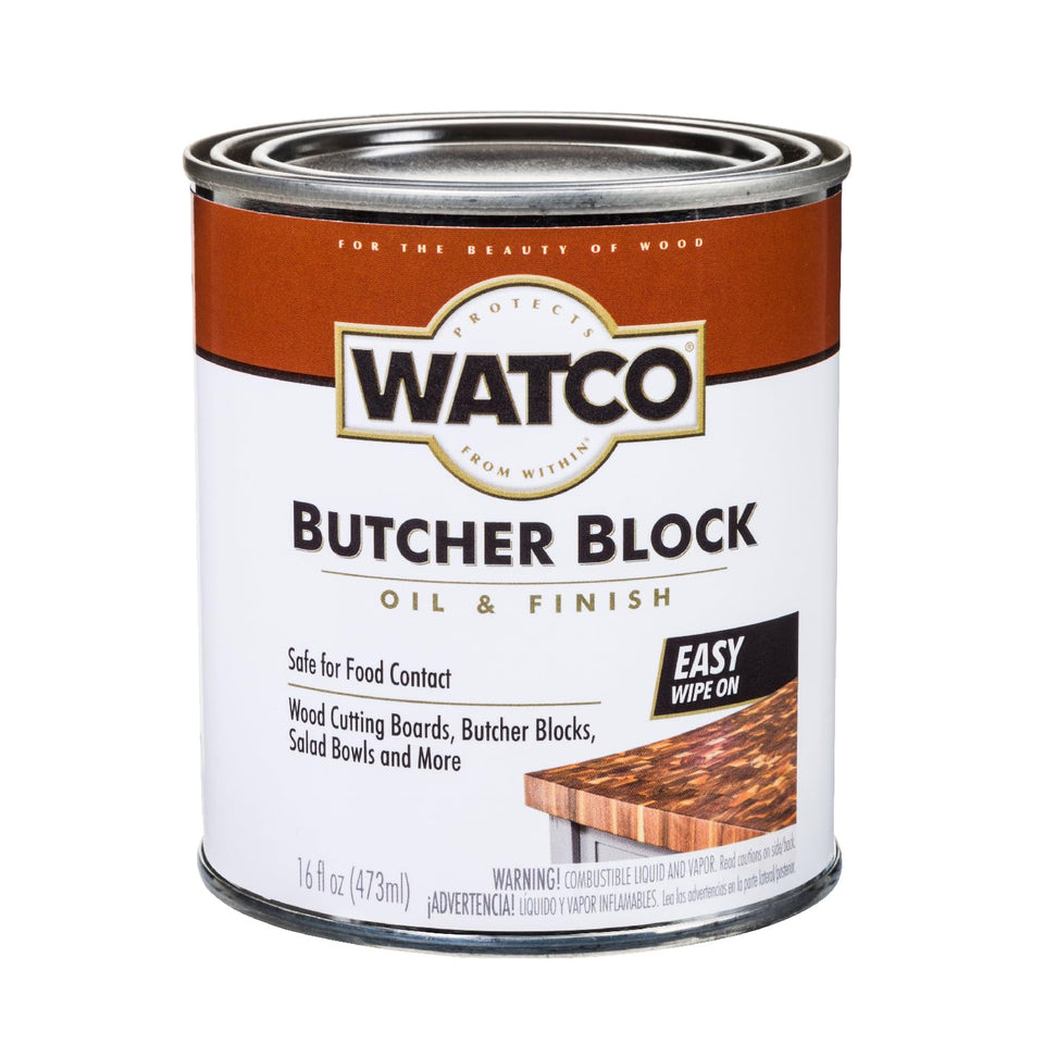 Watco bottle-pour demonstrates easy wipe-on finish for butcher-block surfaces.