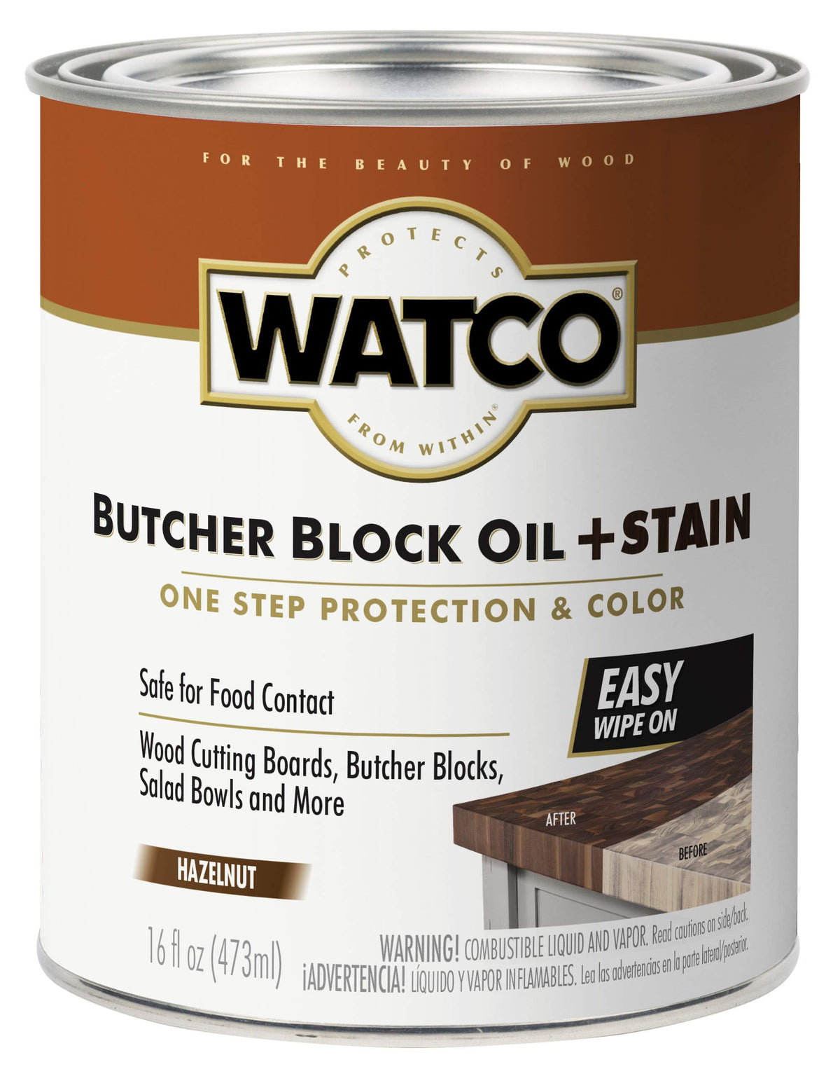 Watco Butcher Block Oil + Stain Hazelnut bottle applying color and protection.
