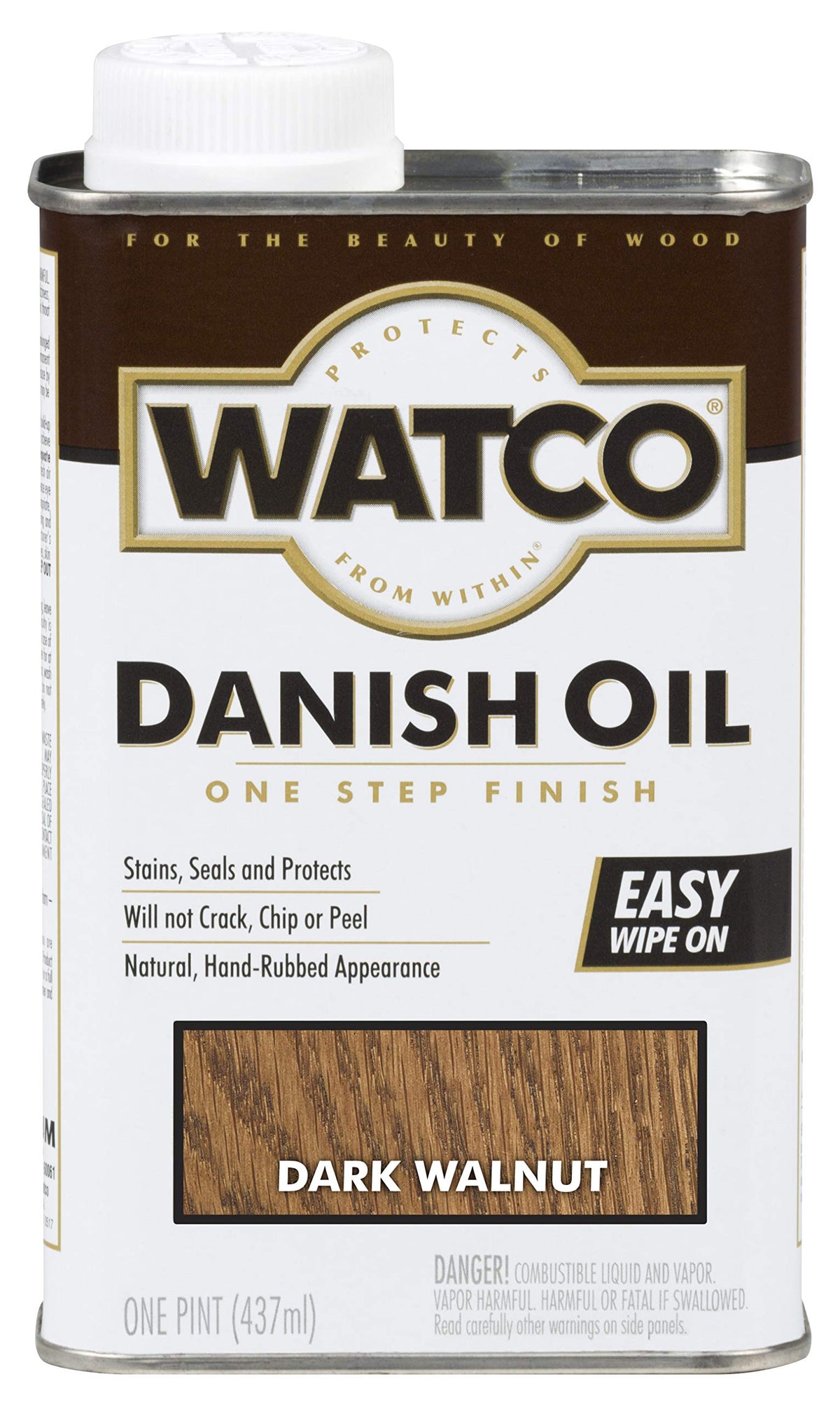 Watco Danish Oil Dark Walnut bottle showcases a warm, protective finish for indoor wood.