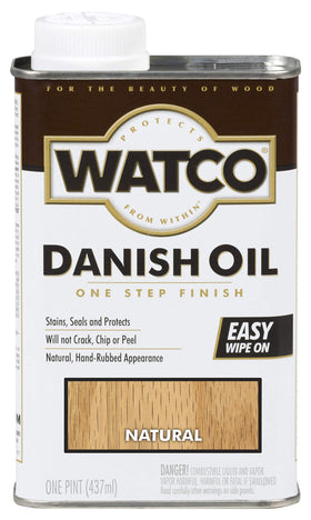 Watco Danish Oil Finish bottle and label ready for indoor wood protection.