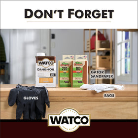 A finished piece shows Watco Danish Oil Finish's rich, warm glow.