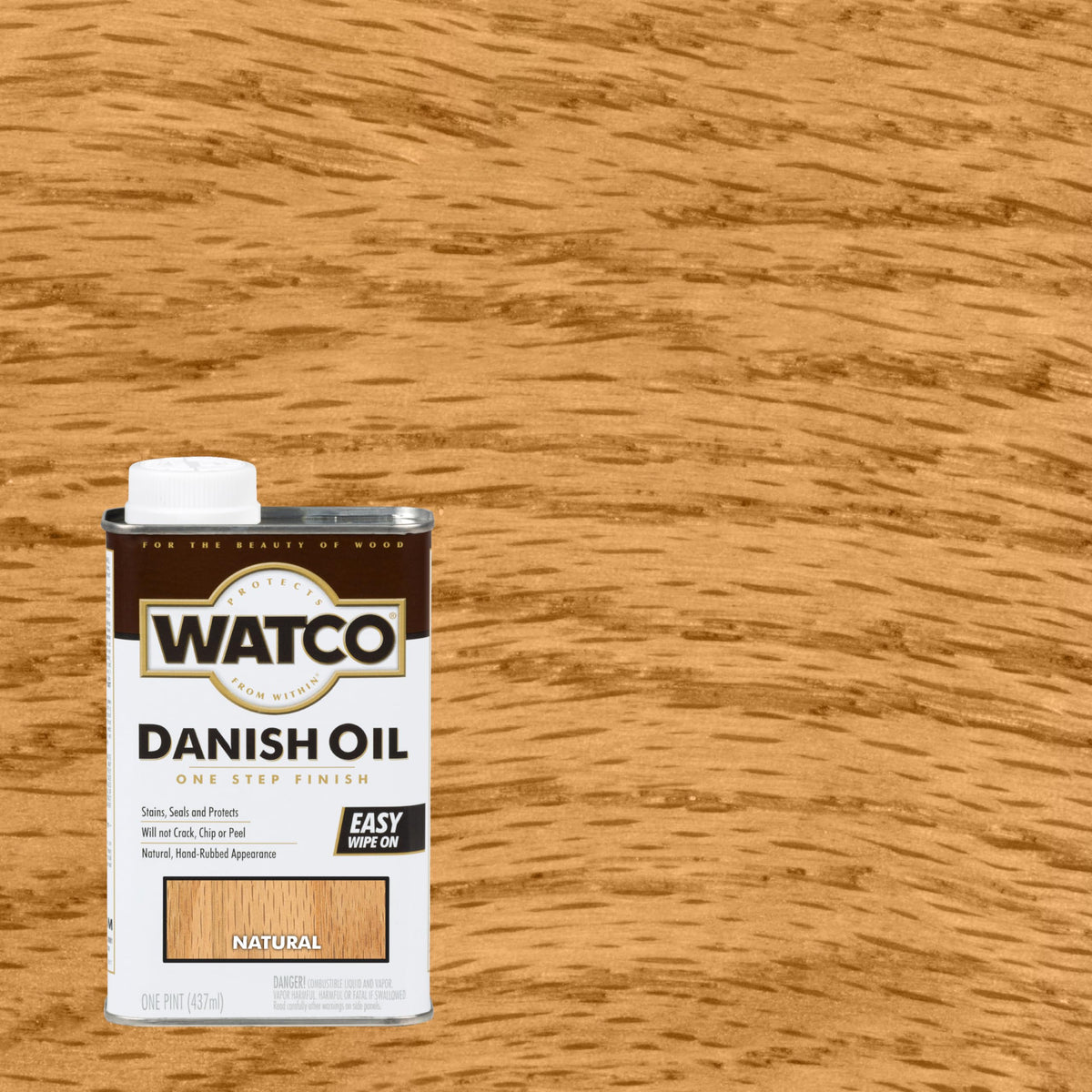 Watco Danish Oil Finish on wood delivers a warm, hand-rubbed glow.