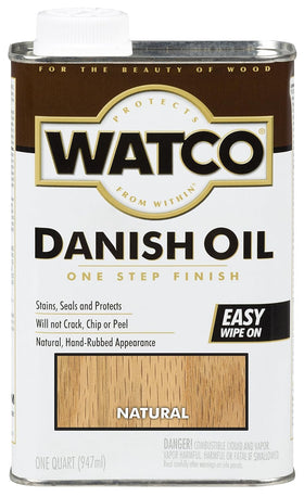 Watco Danish Oil Wood Finish bottle pour demonstrates easy application and deep penetration