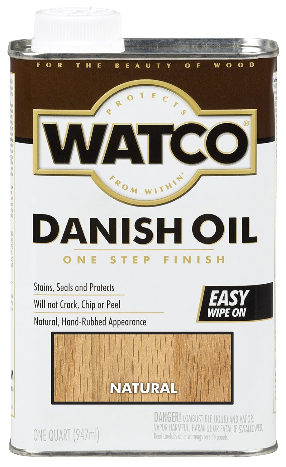 Watco Danish Oil Wood Finish bottle pour demonstrates easy application and deep penetration