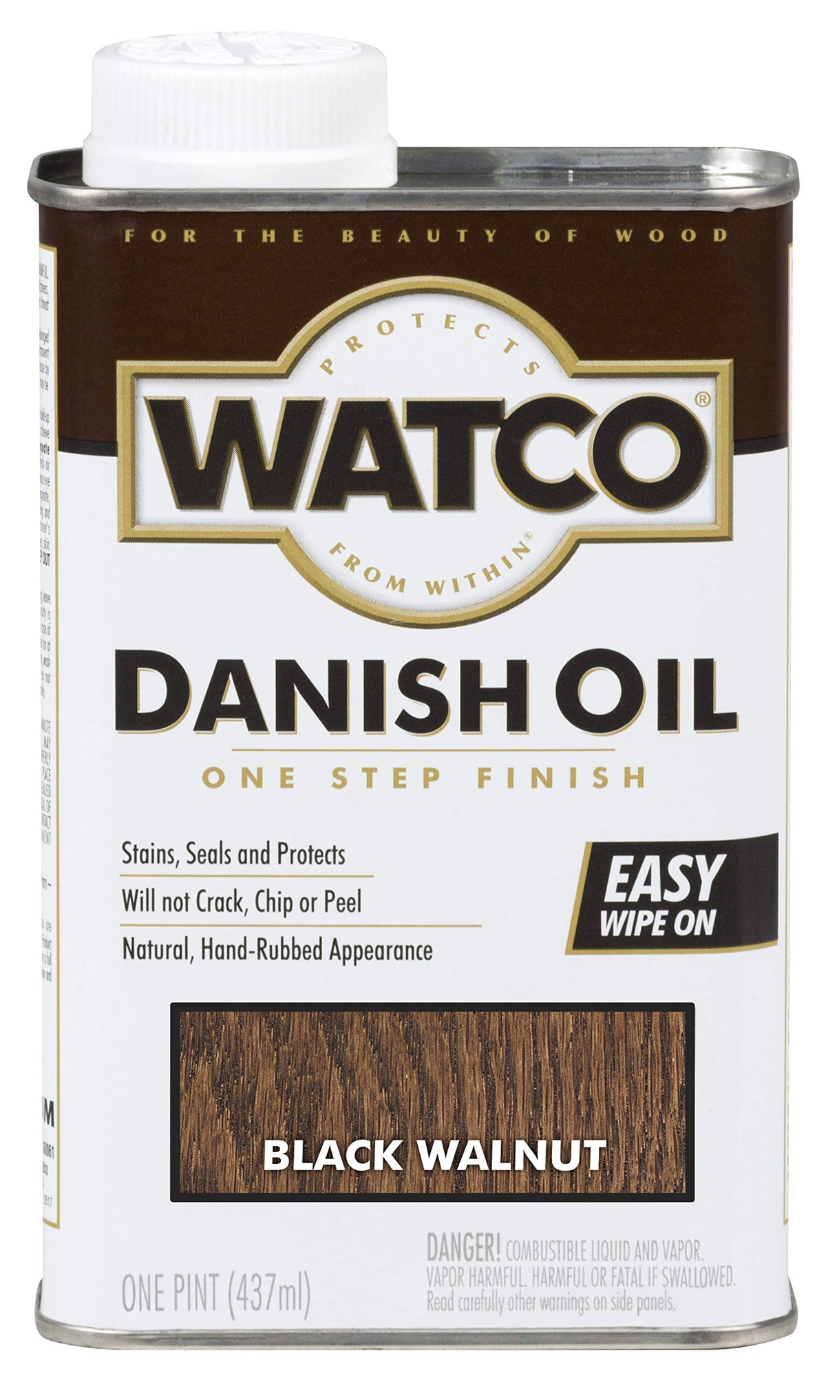 Watco Danish Oil Wood Finish bottle in Black Walnut enhances grain and protects wood surfaces.