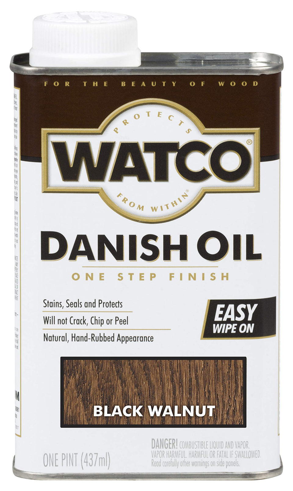 Watco Danish Oil Wood Finish bottle in Black Walnut enhances grain and protects wood surfaces.