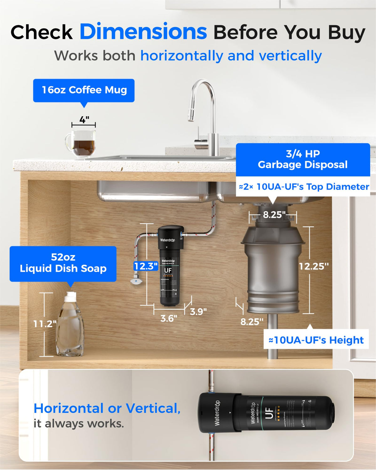 Waterdrop push-to-connect fittings simplify cold-water installation.
