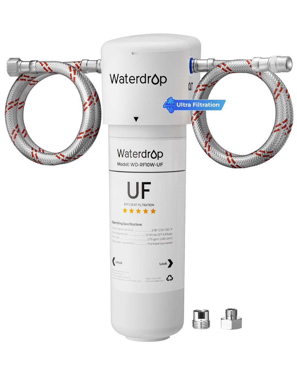 Waterdrop 10UAW-UF under-sink filter connected to faucet for cleaner-tasting water.
