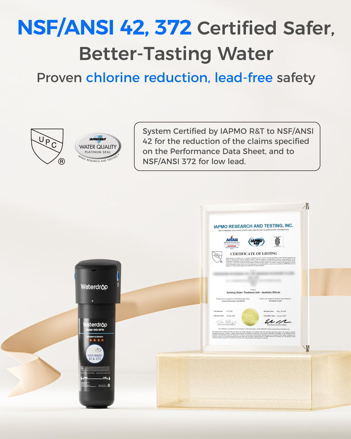 IAPMO-certified filtration system with NSF/ANSI certifications.