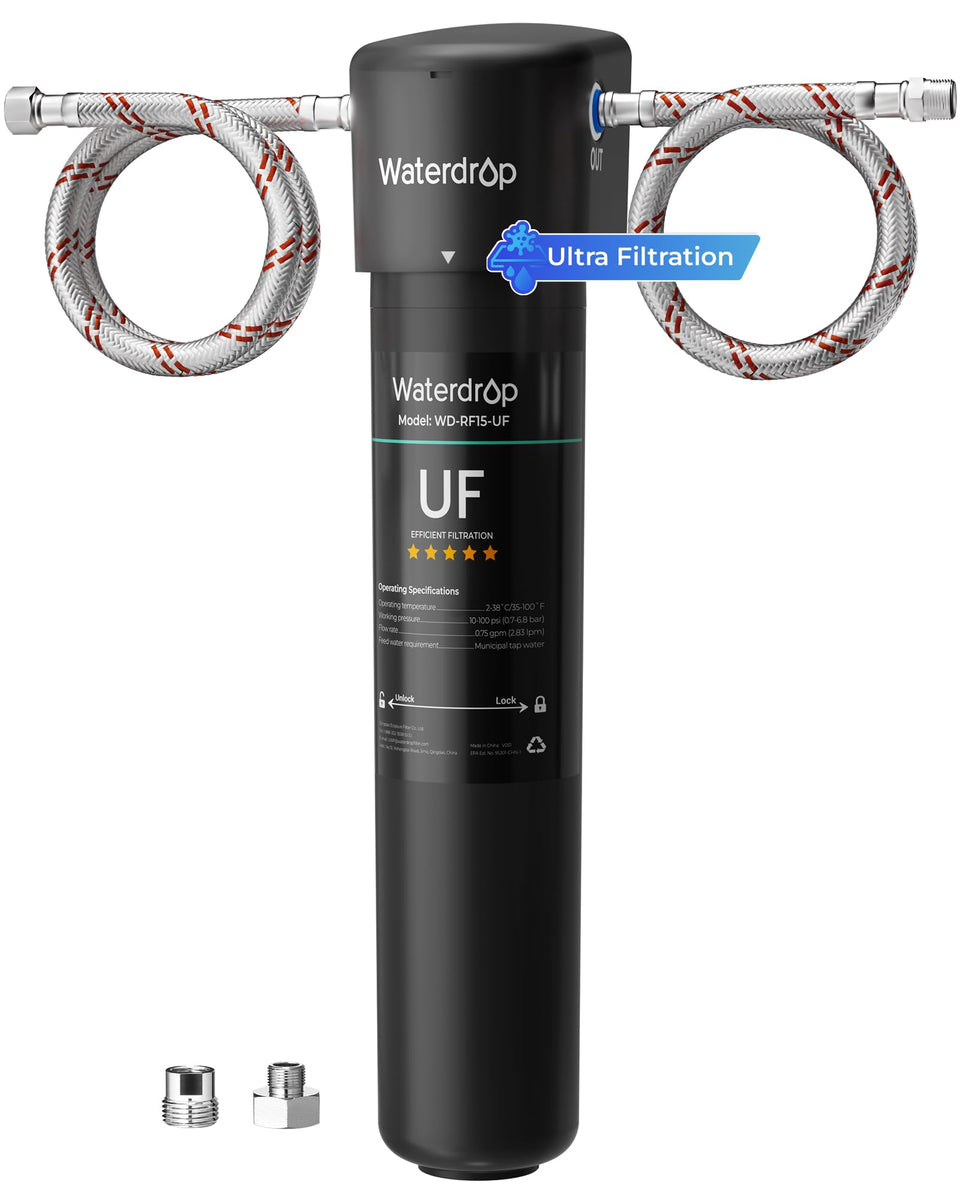 Waterdrop 15UA-UF under-sink filter close-up showing the filtration membrane