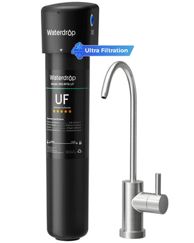 Waterdrop 15UB-UF under-sink filter visible delivering cleaner water with less chlorine.