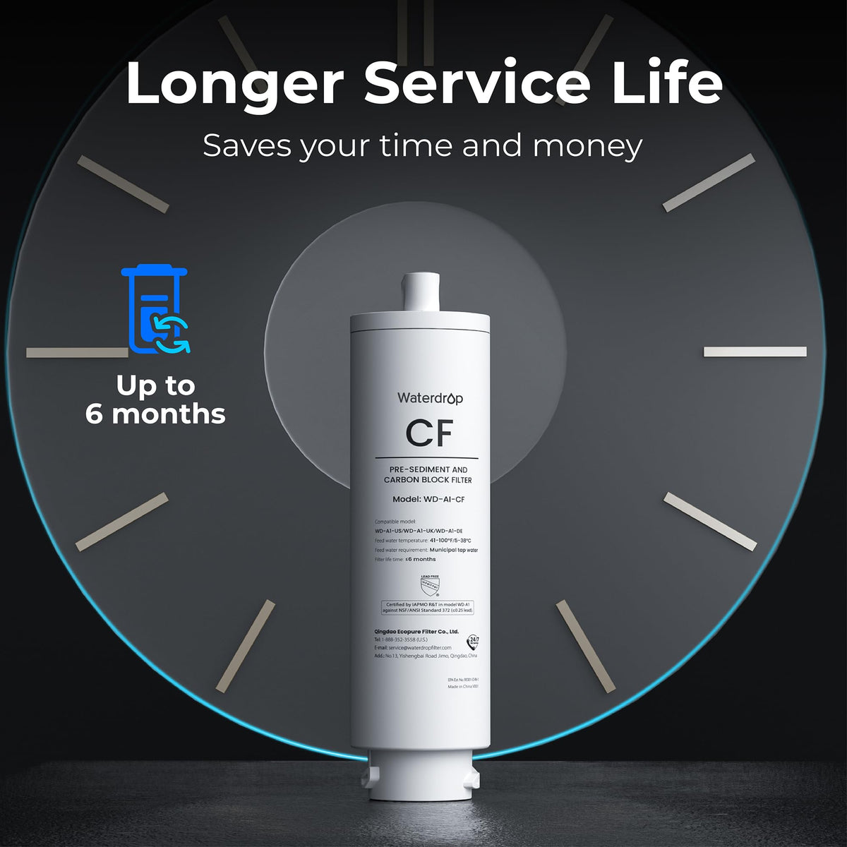 Waterdrop A1-CF filter with six-month replacement cycle.
