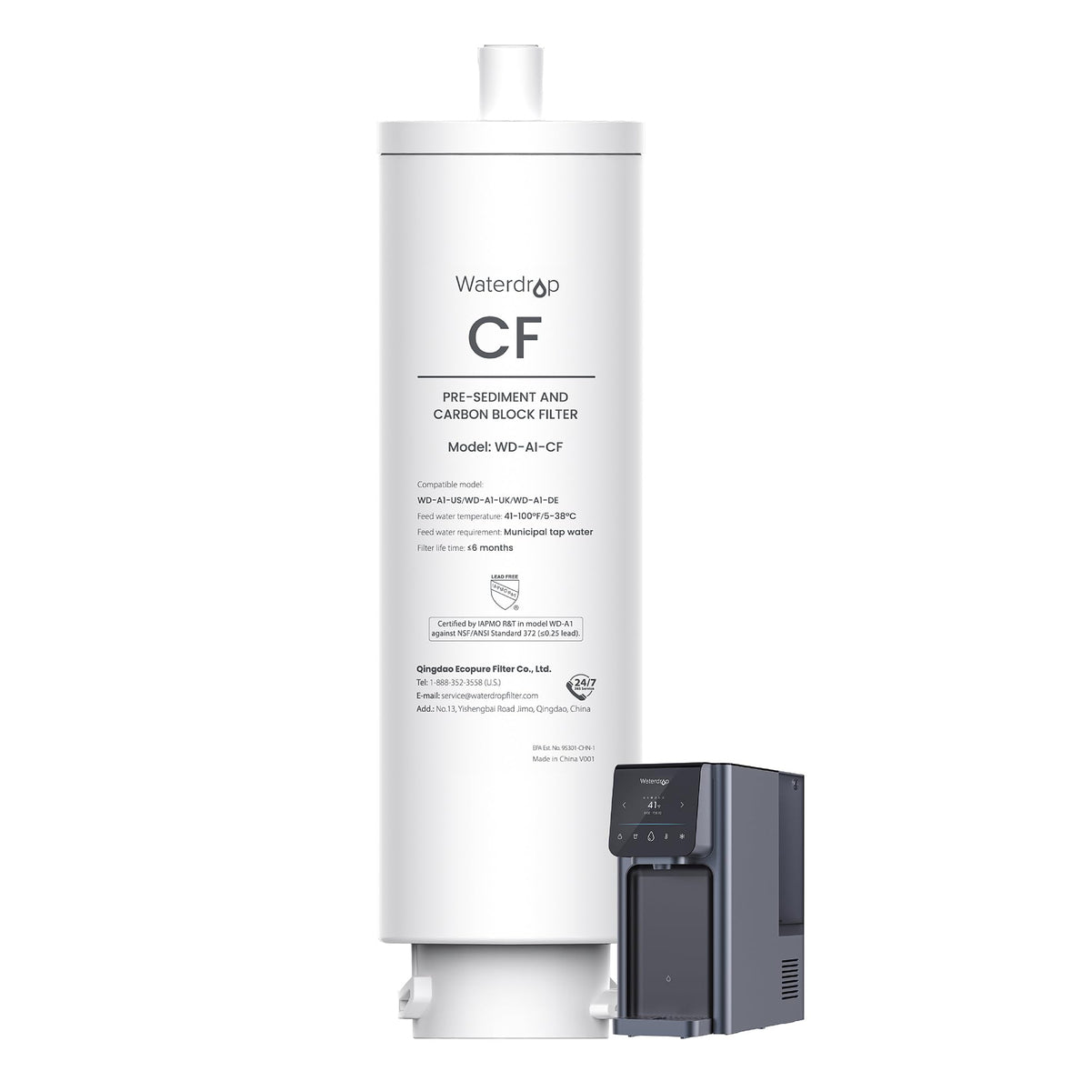 Waterdrop A1-CF filter front view, compact countertop design for clearer water.