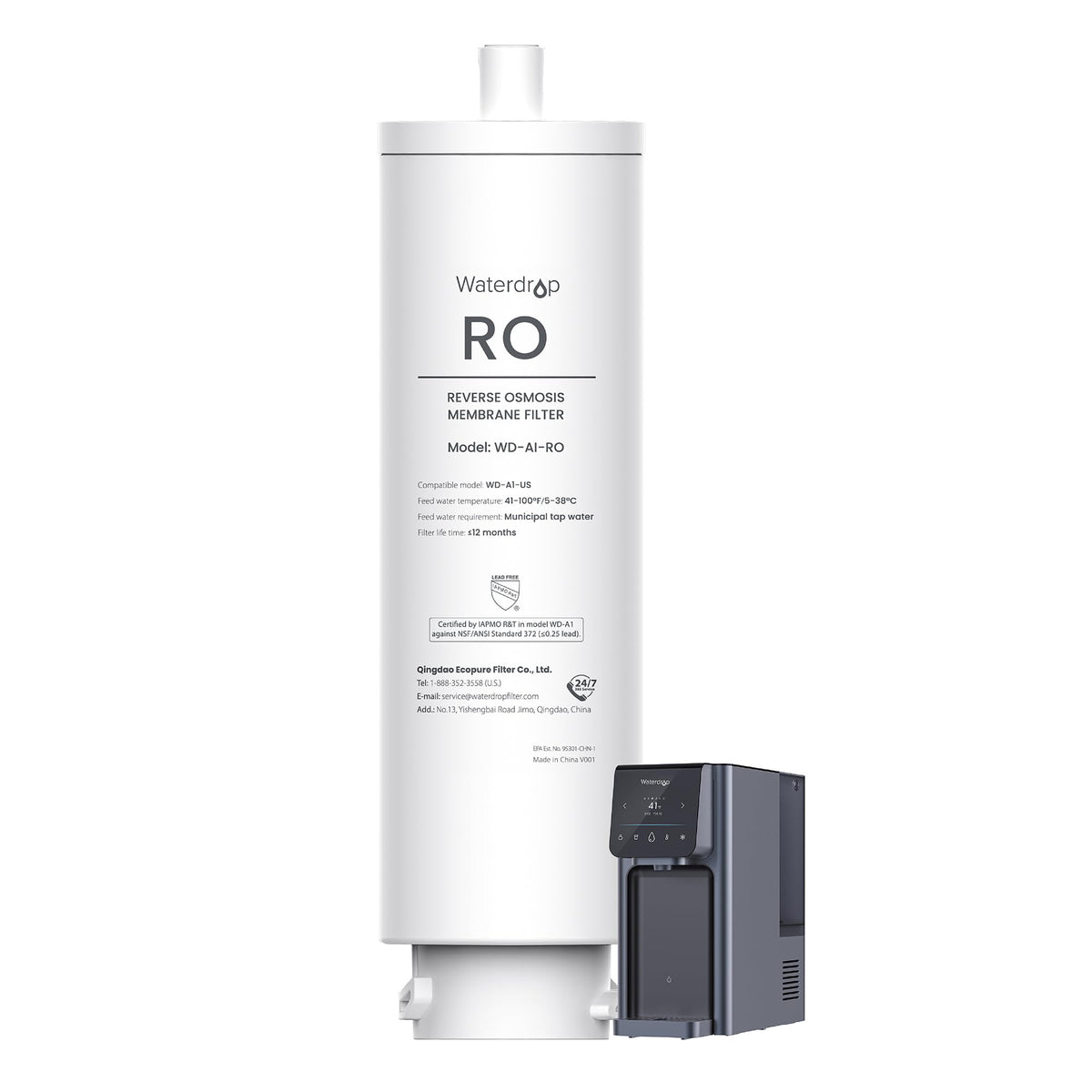 Waterdrop A1-RO filter overview highlights compatibility and streamlined water flow.