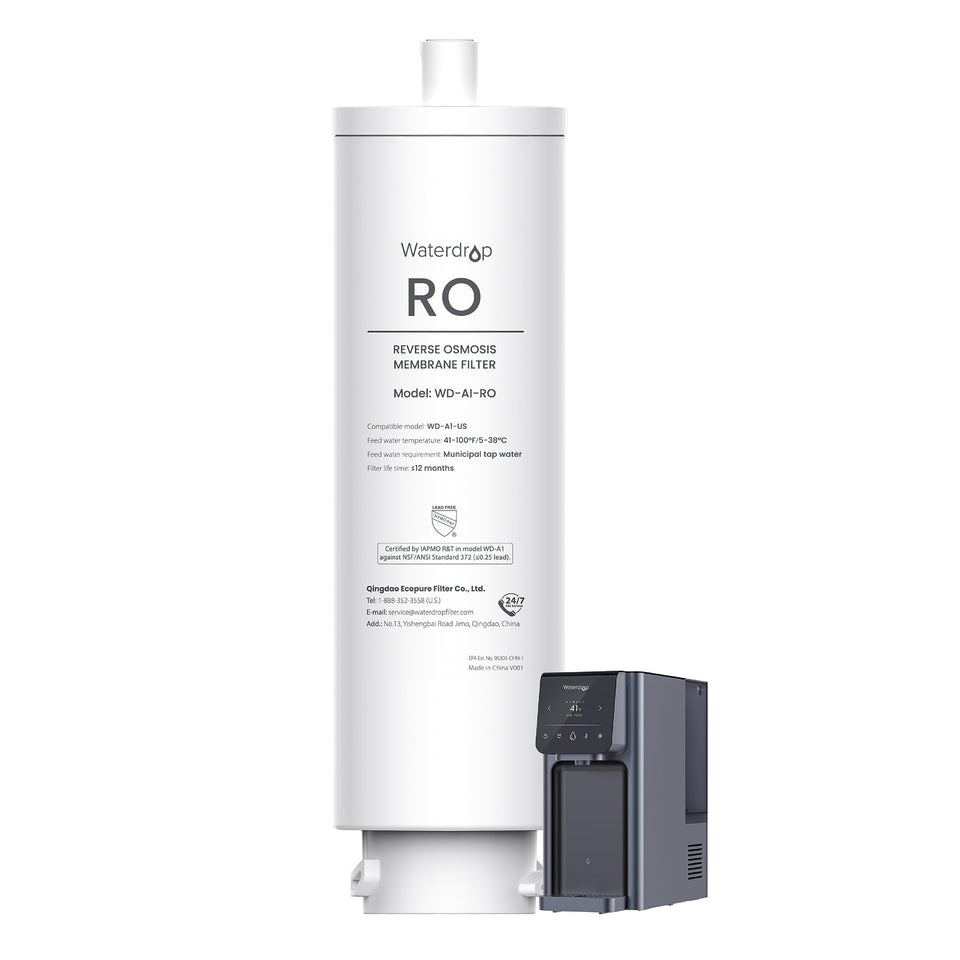 Waterdrop A1-RO filter overview highlights compatibility and streamlined water flow.