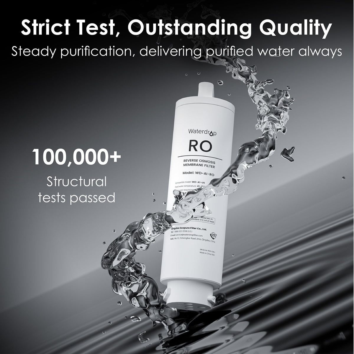 Waterdrop A1-RO certifications image reinforces NSF/ANSI 372 and SGS testing.
