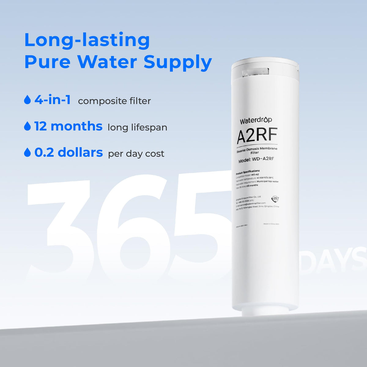Waterdrop A2RF 3:1 pure water ratio highlights waste reduction.