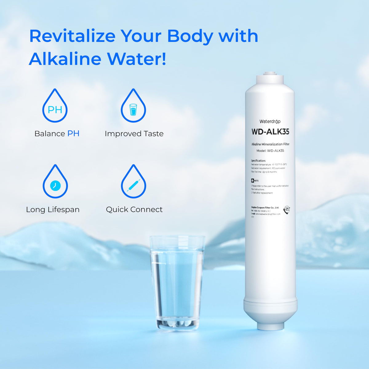 Waterdrop ALK35 pouring water shows enhanced alkaline taste and hydration.