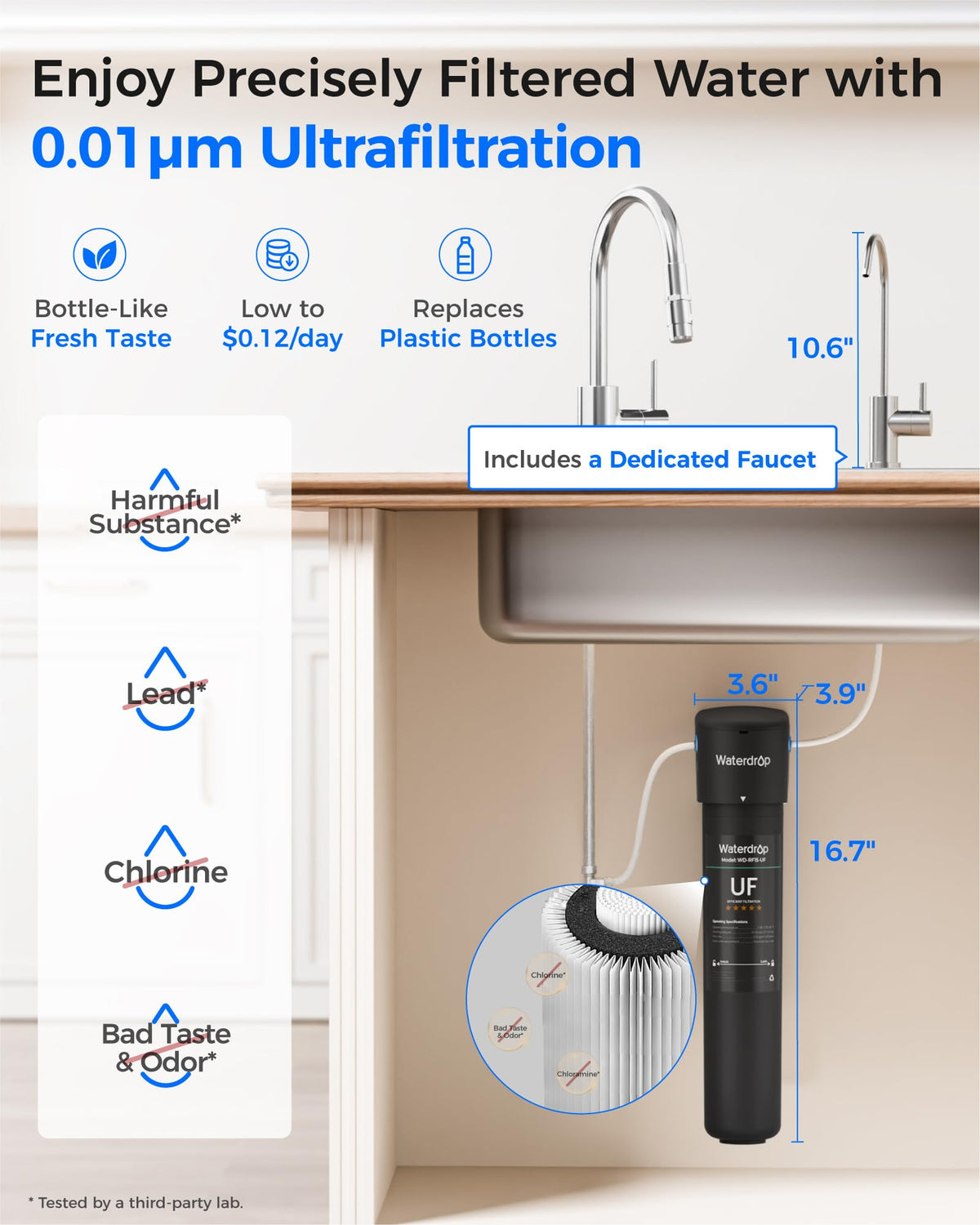Waterdrop brushed nickel faucet shown for easy access to filtered water.