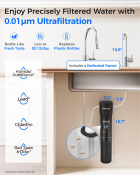 Waterdrop brushed nickel faucet shown for easy access to filtered water.